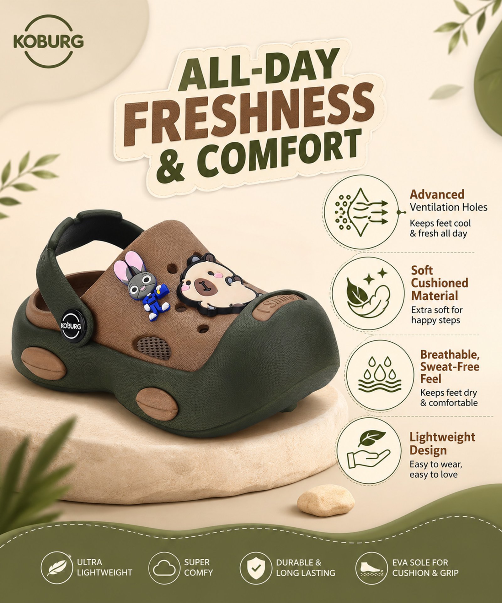 Koburg First Smile Kids Casual Clogs (Green Beige) - Image 5
