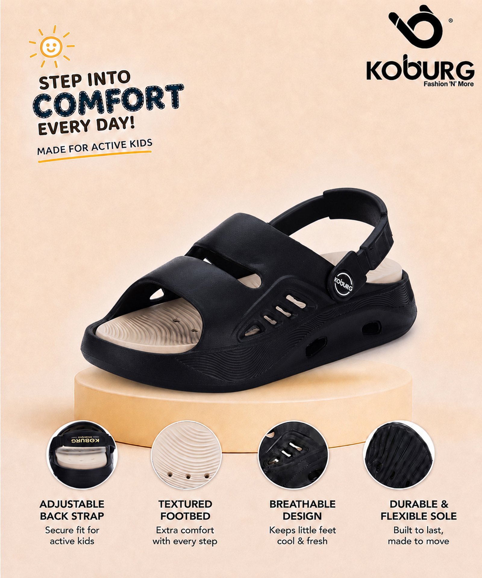 Koburg Boca Kids Sandals (Black Beige) - Image 4
